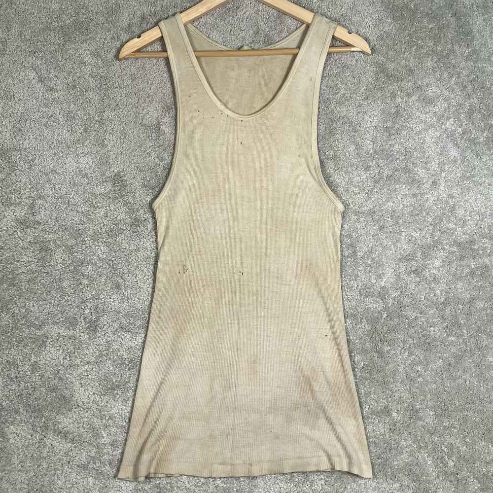 VTG 60s 70s Sears Mens Store Ribbed Tank Top Large Beige Distressed Made in USA